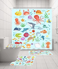 Marine Animals Waterproof Shower Curtain With Sharks, Octopus And Sea Turtles.