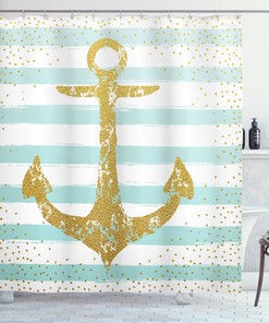 Marine Golden Anchor Striped Pattern Nautical Decor Shower Curtain, Ideal For Any Bathroom