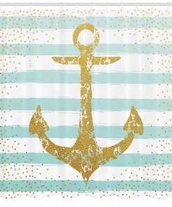 Marine Golden Anchor Striped Pattern Nautical Decor Shower Curtain, Ideal For Any Bathroom