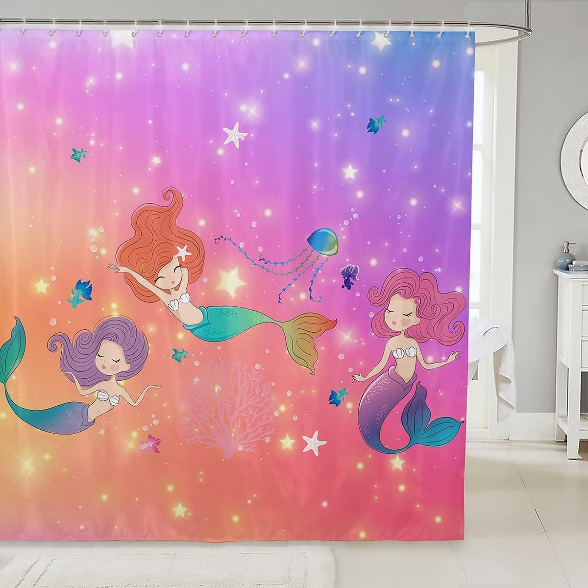 Marine Life Fish Starfish Coral Jellyfish Shower Curtain for Kids Boys Girls Room Decor
