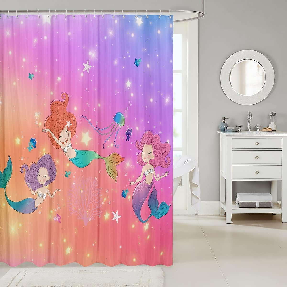 Marine Life Fish Starfish Coral Jellyfish Shower Curtain for Kids Boys Girls Room Decor