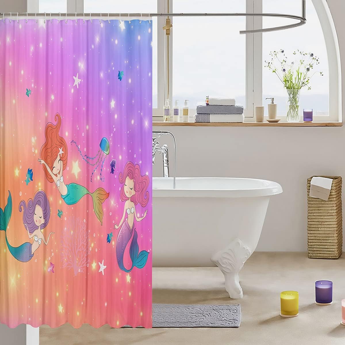 Marine Life Fish Starfish Coral Jellyfish Shower Curtain for Kids Boys Girls Room Decor