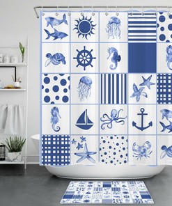 Marine Life Nautical Theme Blue Anchor Bathroom Accessory Shower Curtain 