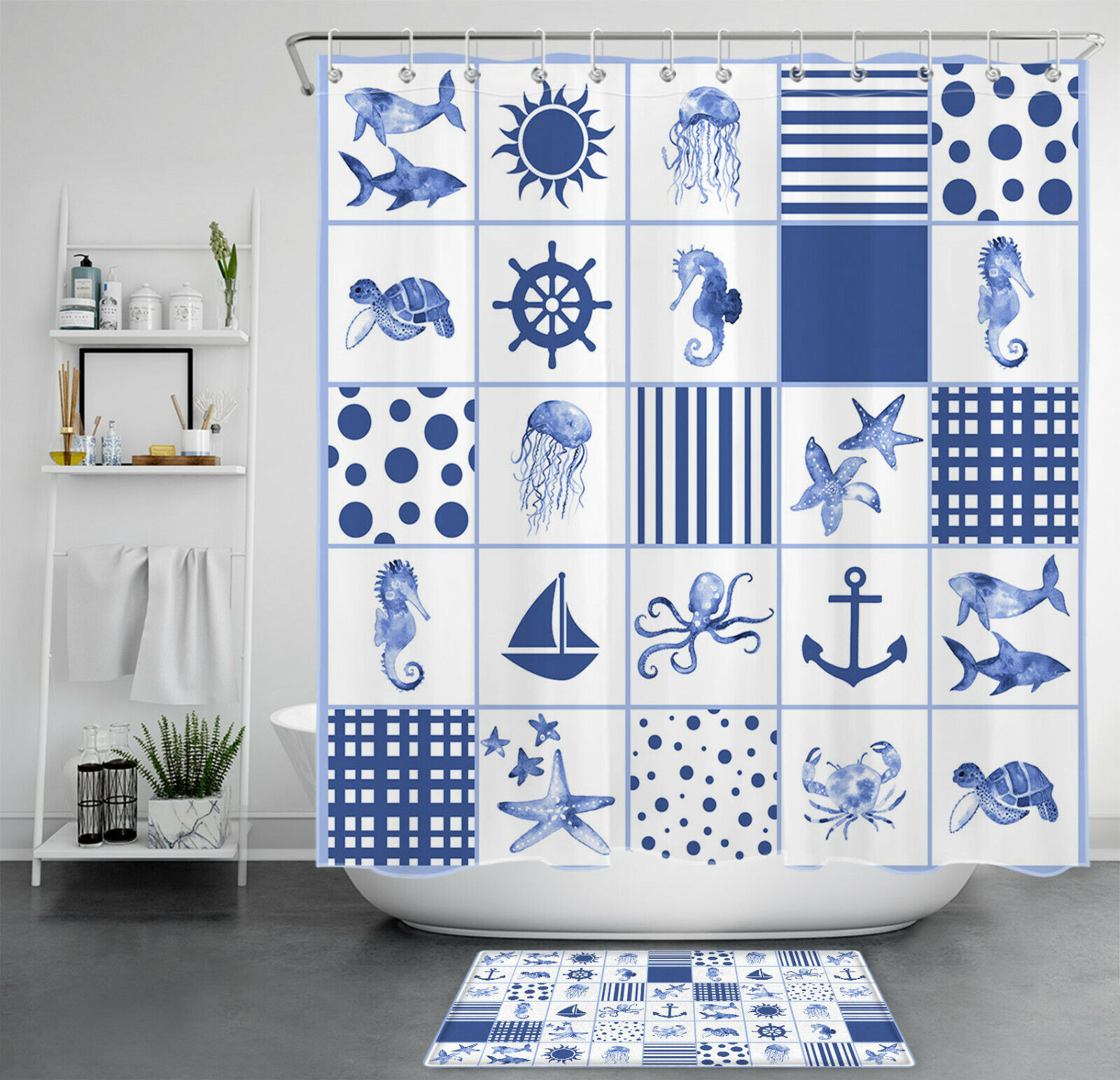 Marine Life Nautical Theme Blue Anchor Bathroom Accessory Shower Curtain