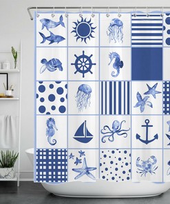 Marine Life Nautical Theme Blue Anchor Bathroom Accessory Shower Curtain