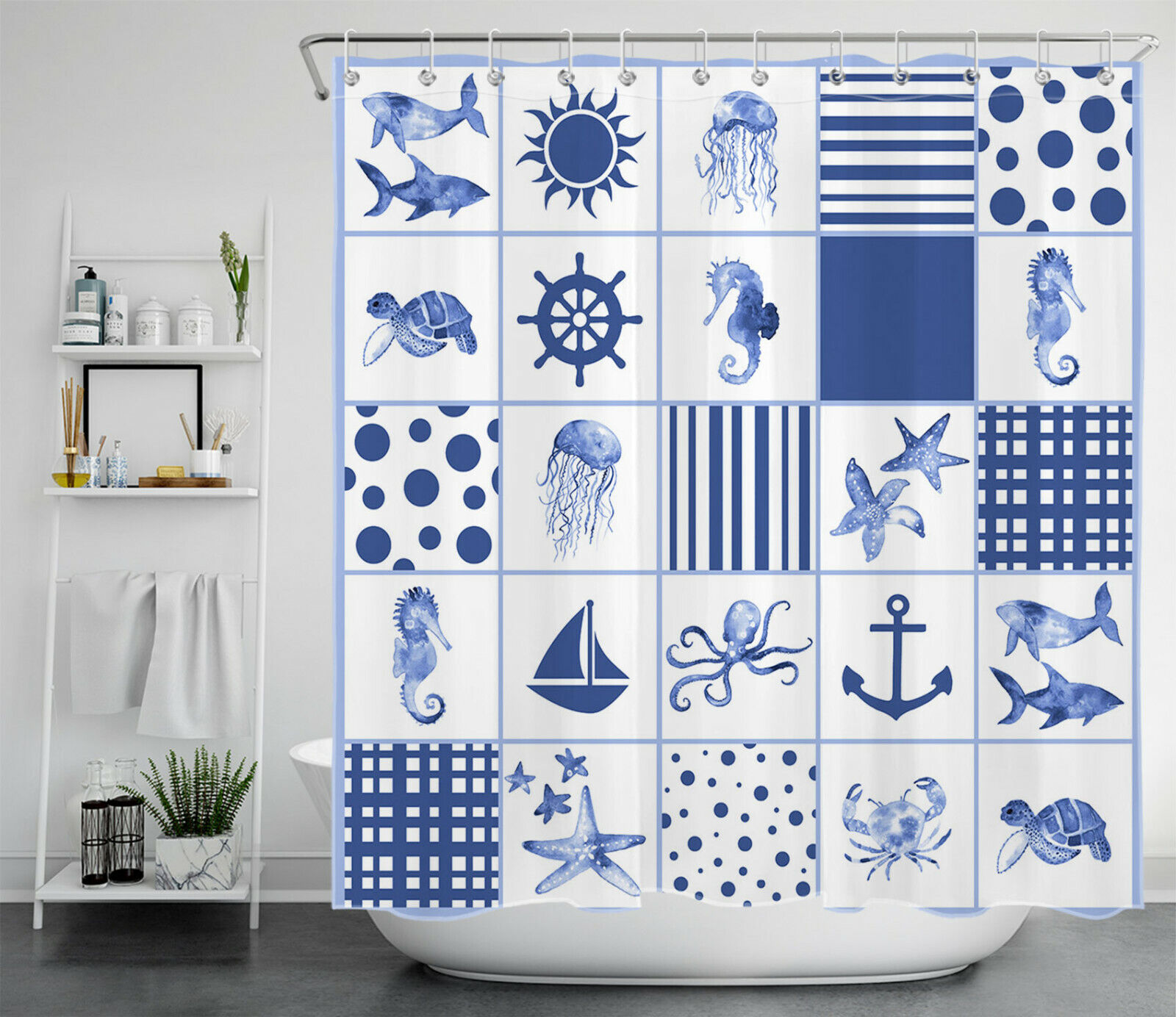 Marine Life Nautical Theme Blue Anchor Bathroom Accessory Shower Curtain