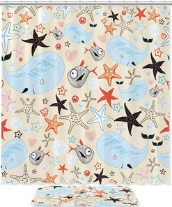 Marine Life Starfish And Whale Pattern Shower Set With Bath Accessories And Waterproof Fabric