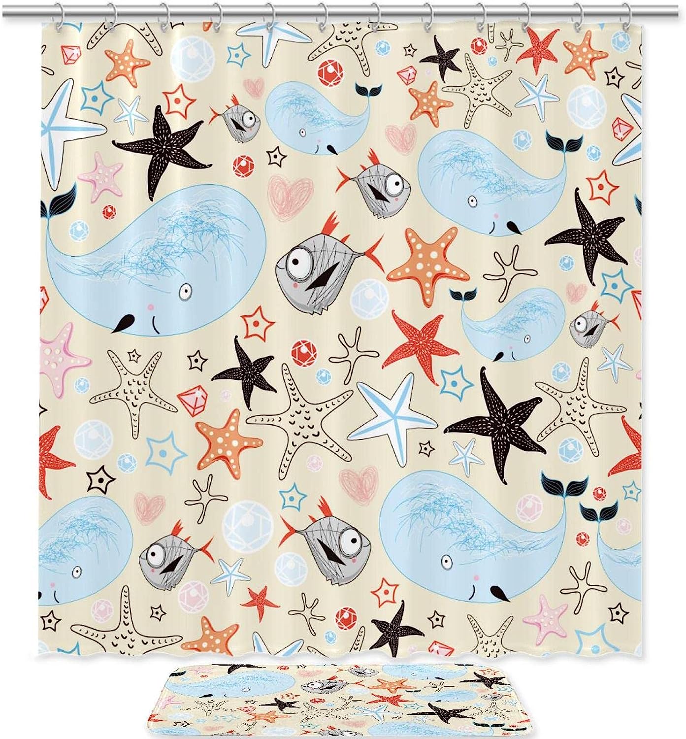 Marine Life Starfish And Whale Pattern Shower Set With Bath Accessories And Waterproof Fabric