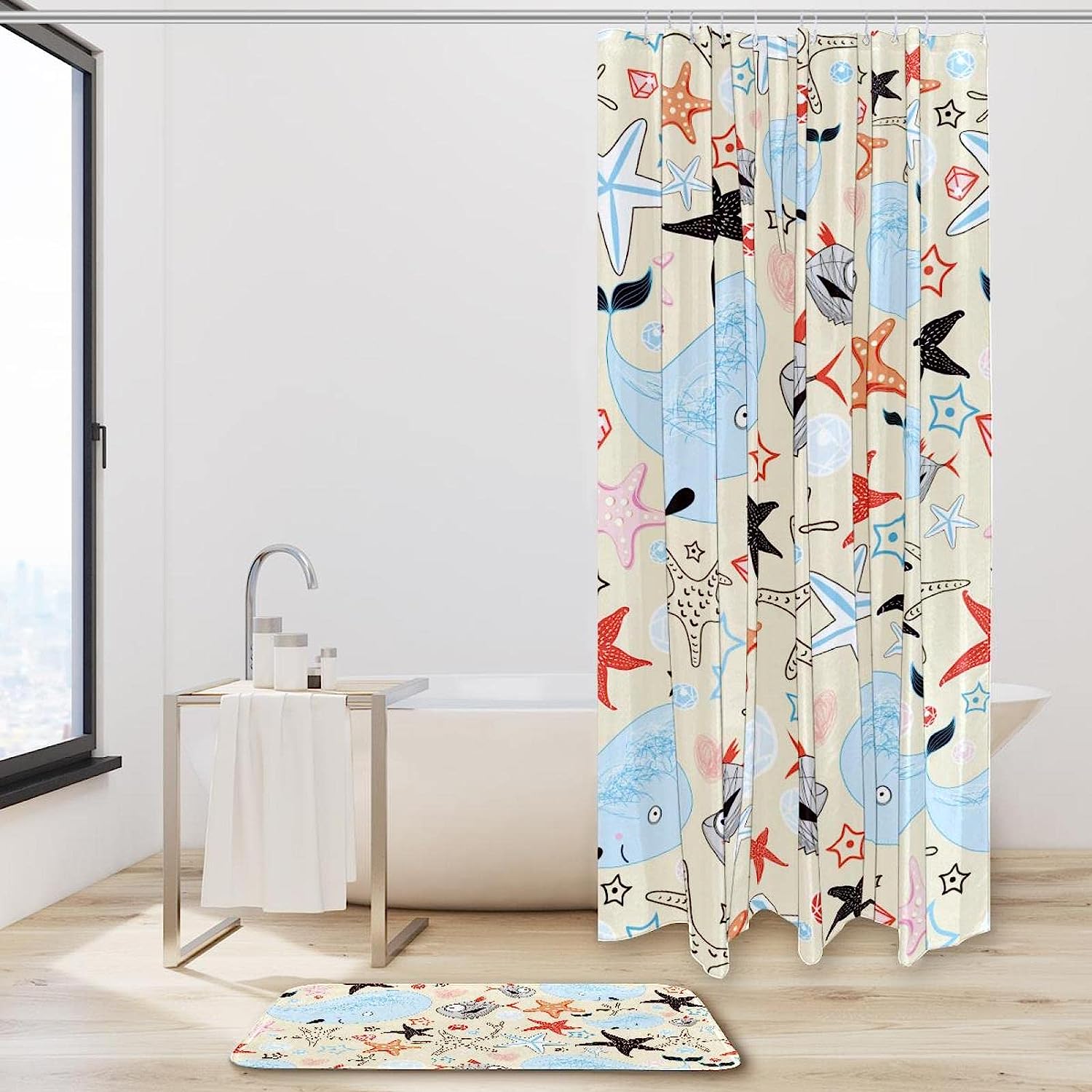 Marine Life Starfish And Whale Pattern Shower Set With Bath Accessories And Waterproof Fabric - Image 2