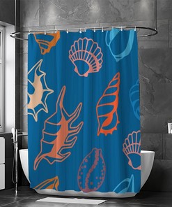 Marine Seashells Bathroom Decor Shower Curtain, RASHU Waterproof Fabric Bath Curtain Set