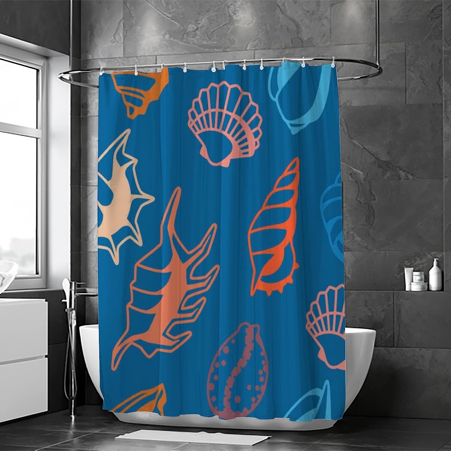 Marine Seashells Bathroom Decor Shower Curtain, RASHU Waterproof Fabric Bath Curtain Set