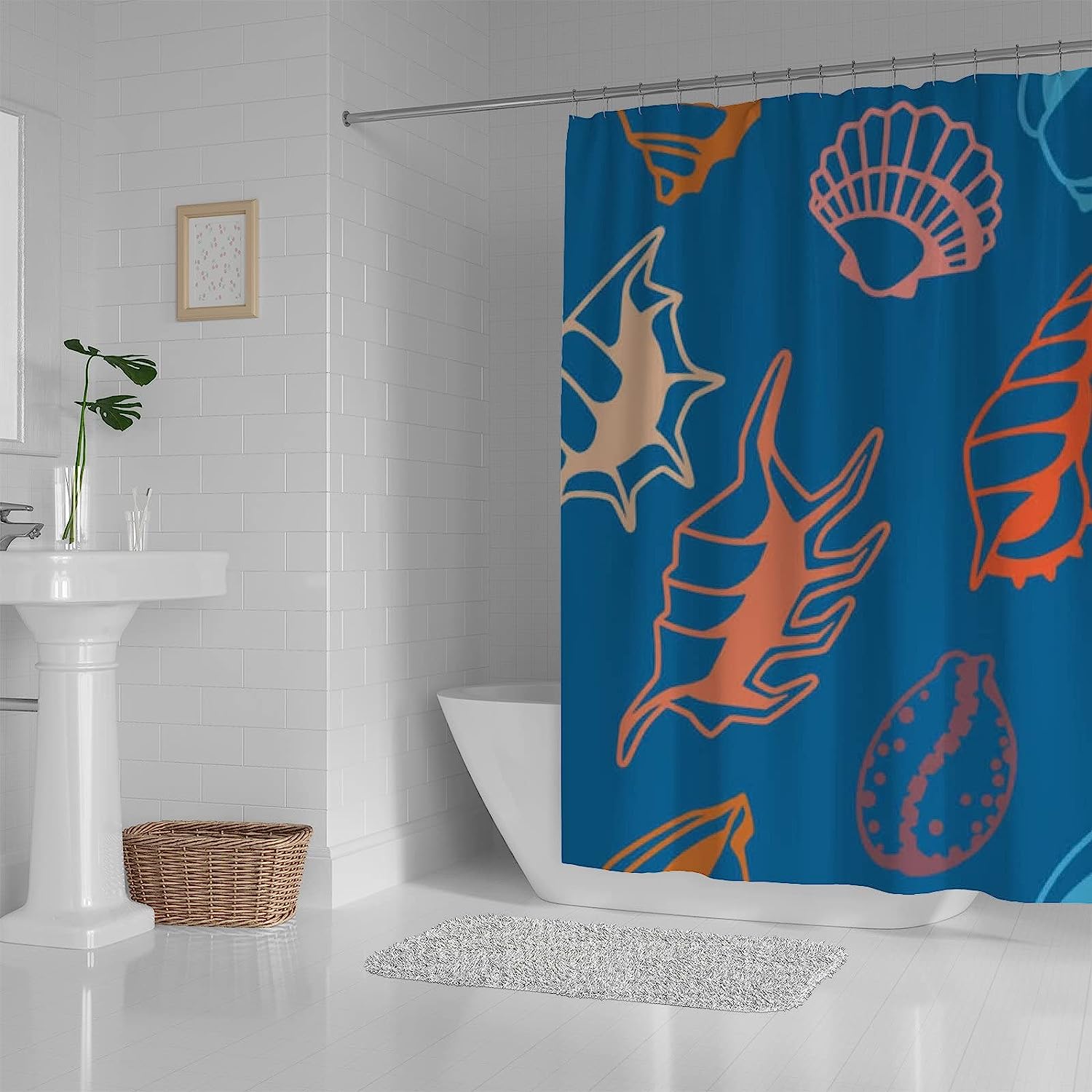 Marine Seashells Bathroom Decor Shower Curtain, RASHU Waterproof Fabric Bath Curtain Set