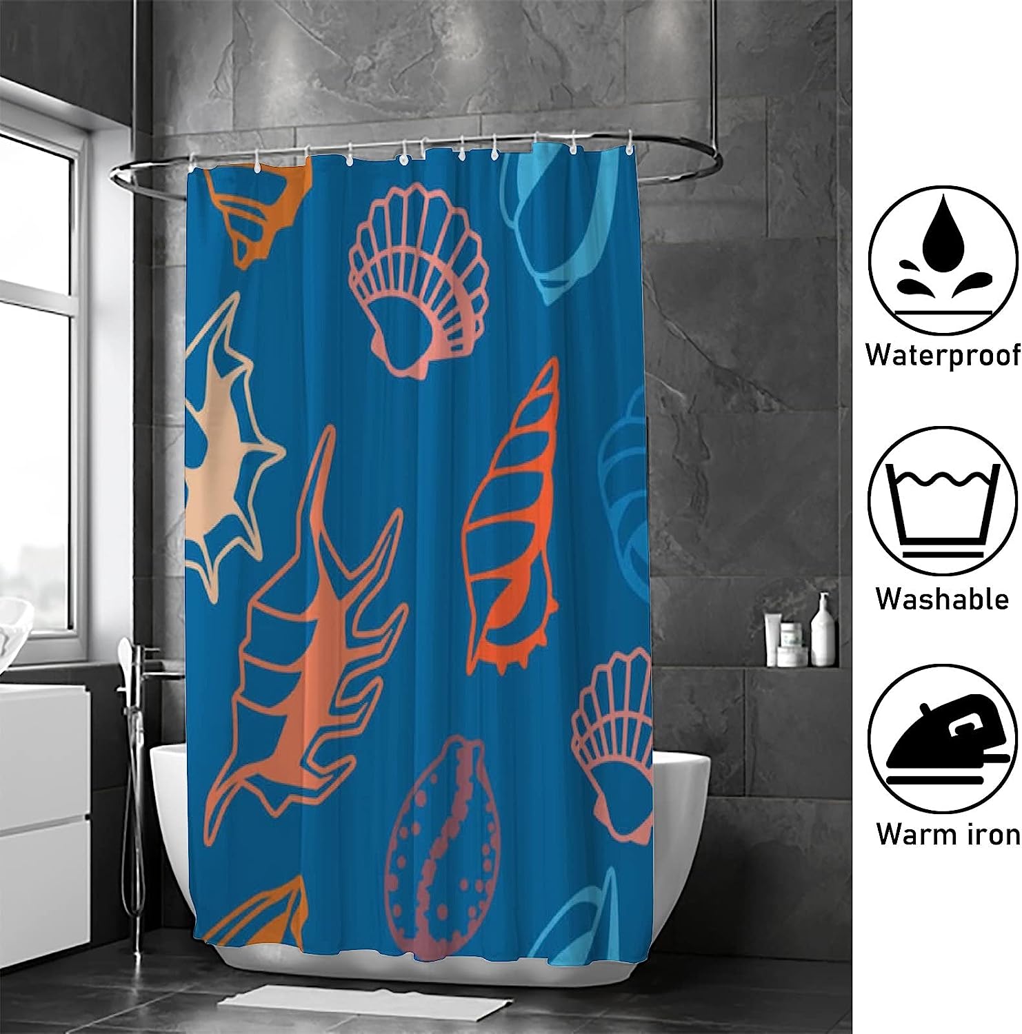 Marine Seashells Bathroom Decor Shower Curtain, RASHU Waterproof Fabric Bath Curtain Set