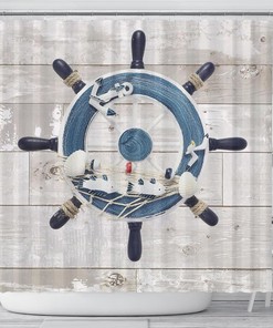 Marine Weathered Wooden Planks Ship Wheel Shower Curtain for Nautical Bathtub Decoration