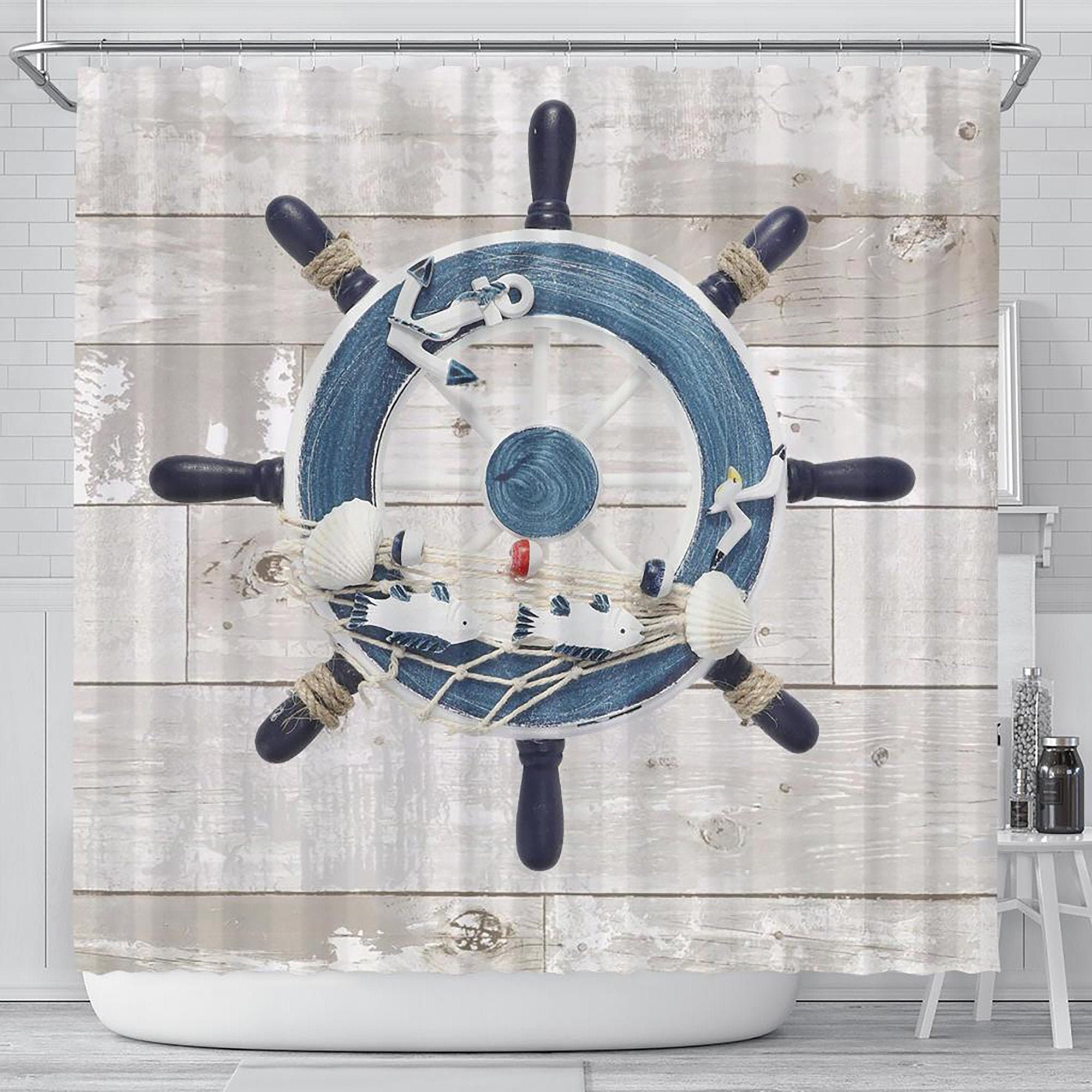 Marine Weathered Wooden Planks Ship Wheel Shower Curtain for Nautical Bathtub Decoration