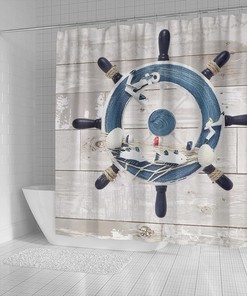 Marine Weathered Wooden Planks Ship Wheel Shower Curtain for Nautical Bathtub Decoration