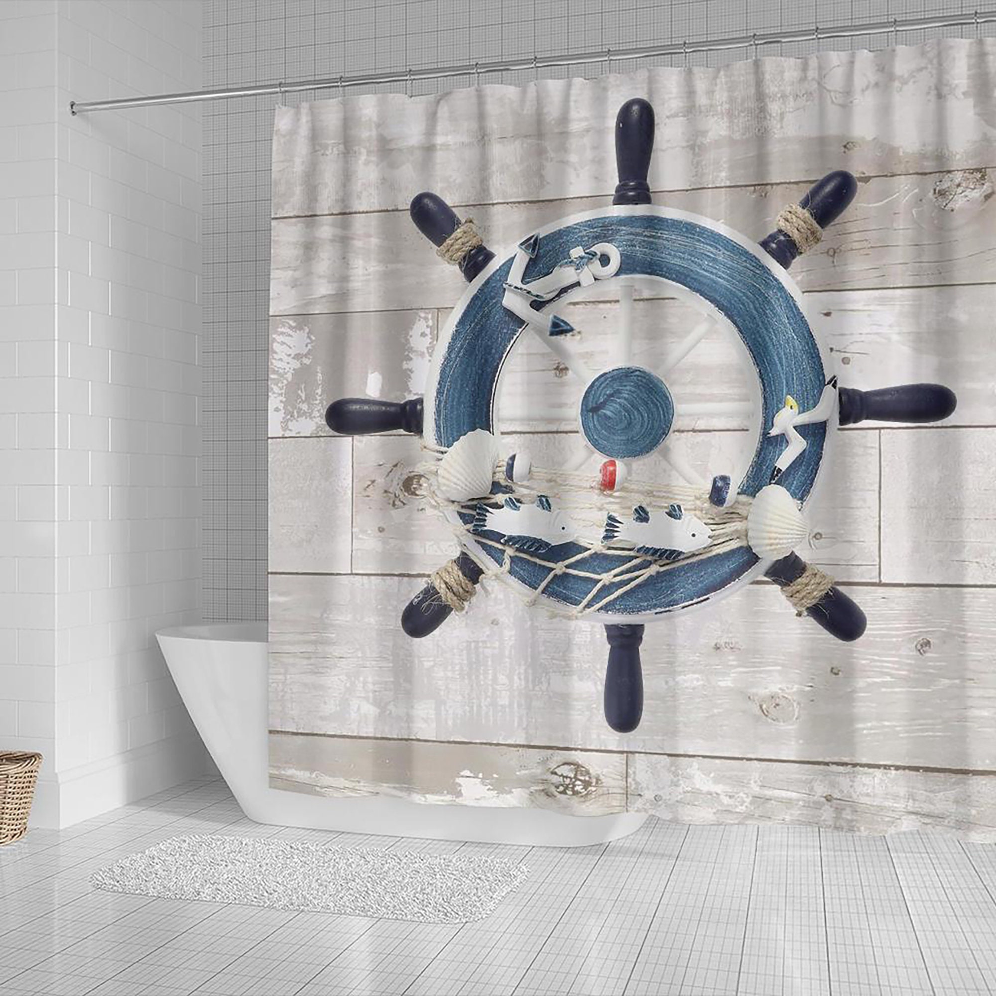 Marine Weathered Wooden Planks Ship Wheel Shower Curtain for Nautical Bathtub Decoration