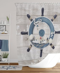 Marine Weathered Wooden Planks Ship Wheel Shower Curtain for Nautical Bathtub Decoration