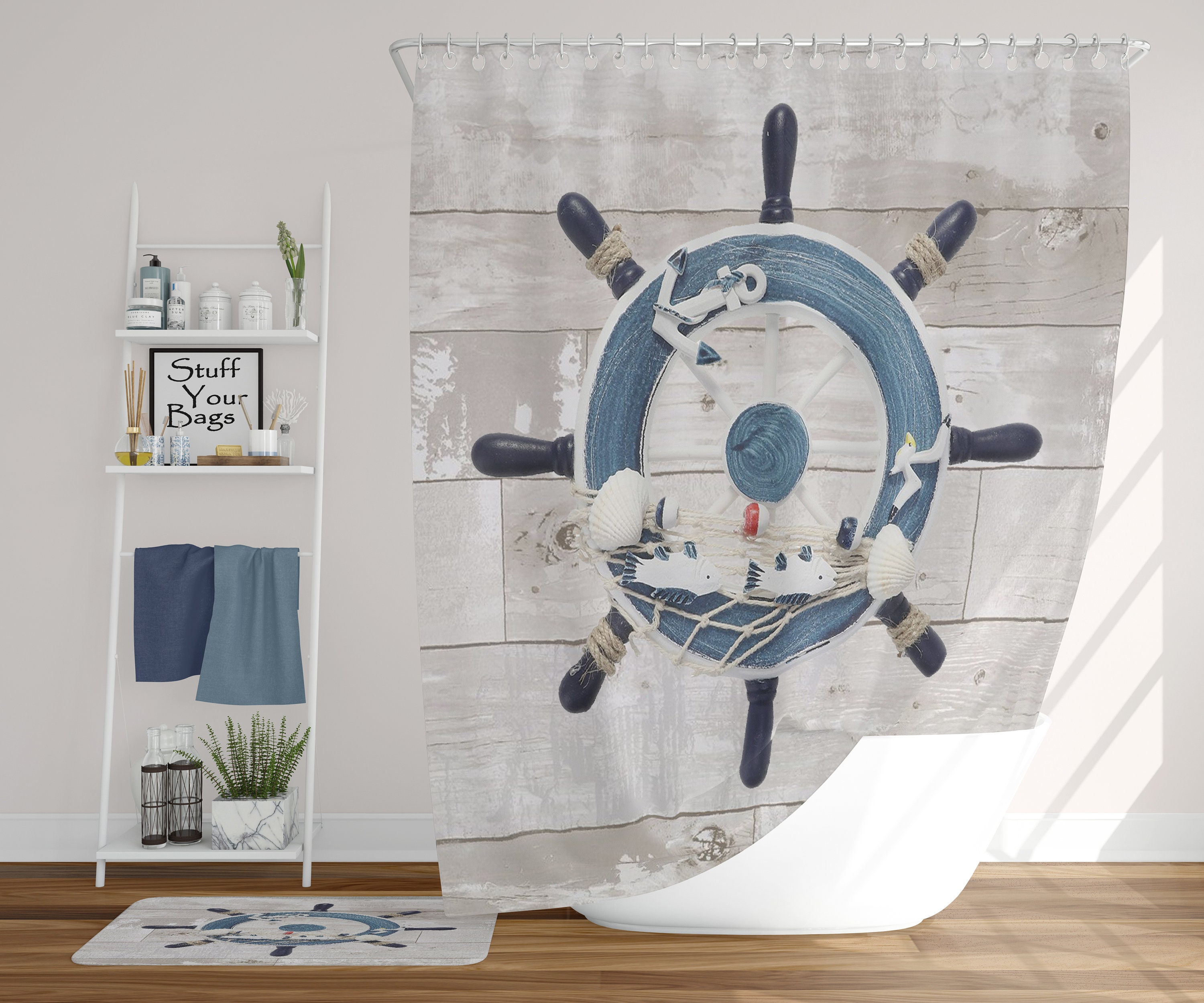 Marine Weathered Wooden Planks Ship Wheel Shower Curtain for Nautical Bathtub Decoration