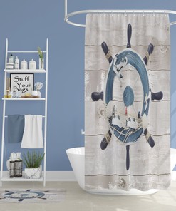 Marine Weathered Wooden Planks Ship Wheel Shower Curtain for Nautical Bathtub Decoration