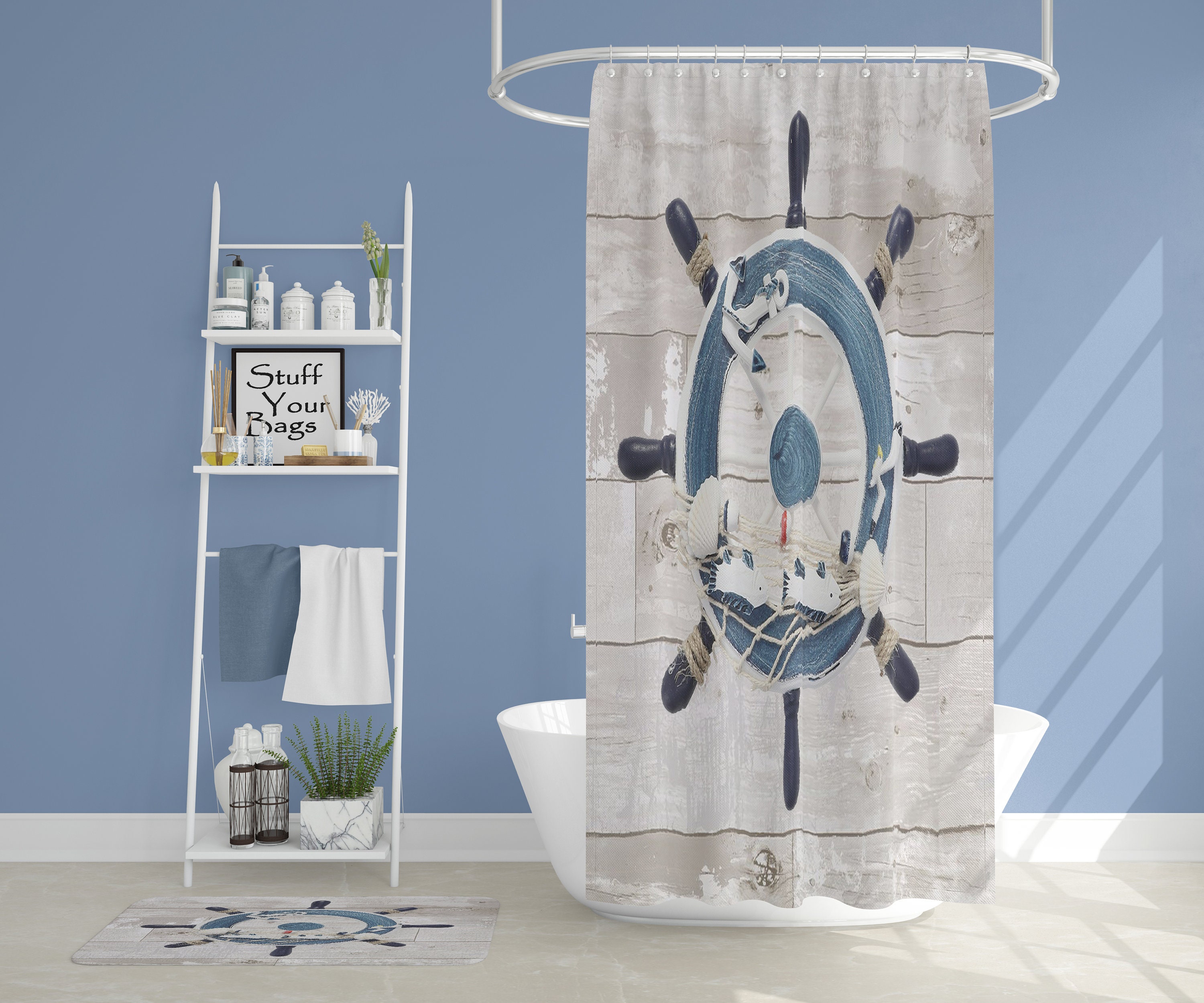 Marine Weathered Wooden Planks Ship Wheel Shower Curtain for Nautical Bathtub Decoration