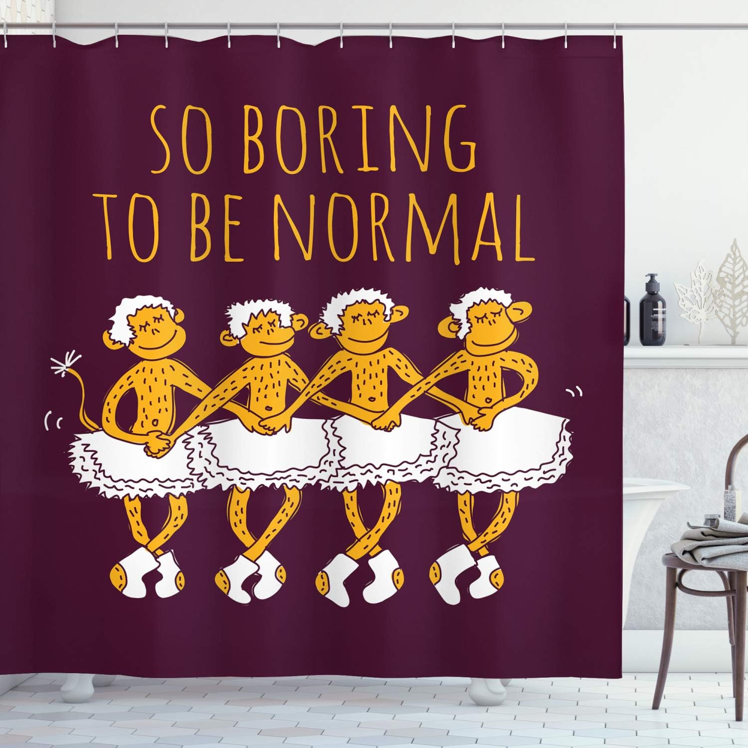 Maroon And Marigold Ballerina Monkeys Shower Curtain, Funny Dancing Monkeys With So Boring To Be Normal Words Print