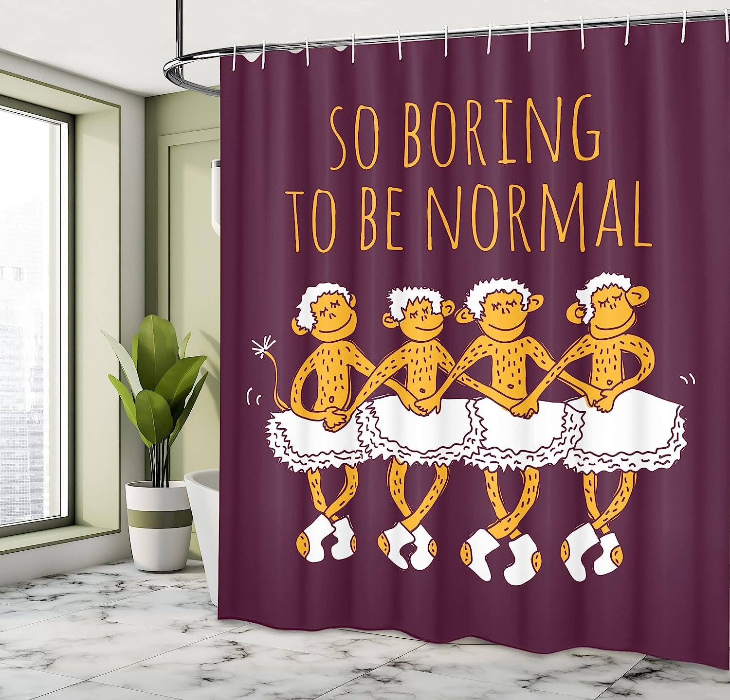 Maroon And Marigold Ballerina Monkeys Shower Curtain, Funny Dancing Monkeys With So Boring To Be Normal Words Print - Image 4