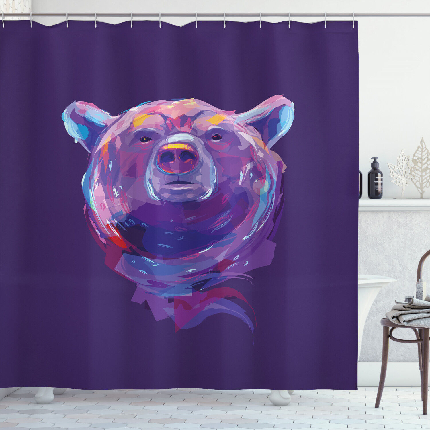 Mascot Face Brushstrokes Shower Curtain With Bear Print, Perfect For Rustic Bathroom Decor