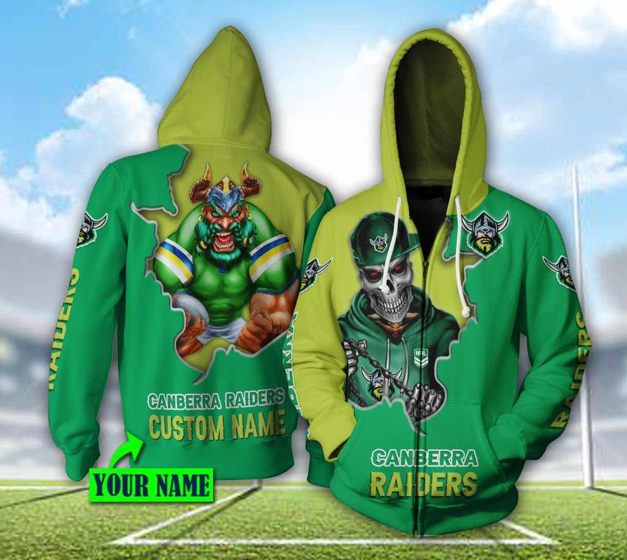Mascot Skull Custom Name 3D All Over Printed Hoodie - Canberra Raiders Nrl