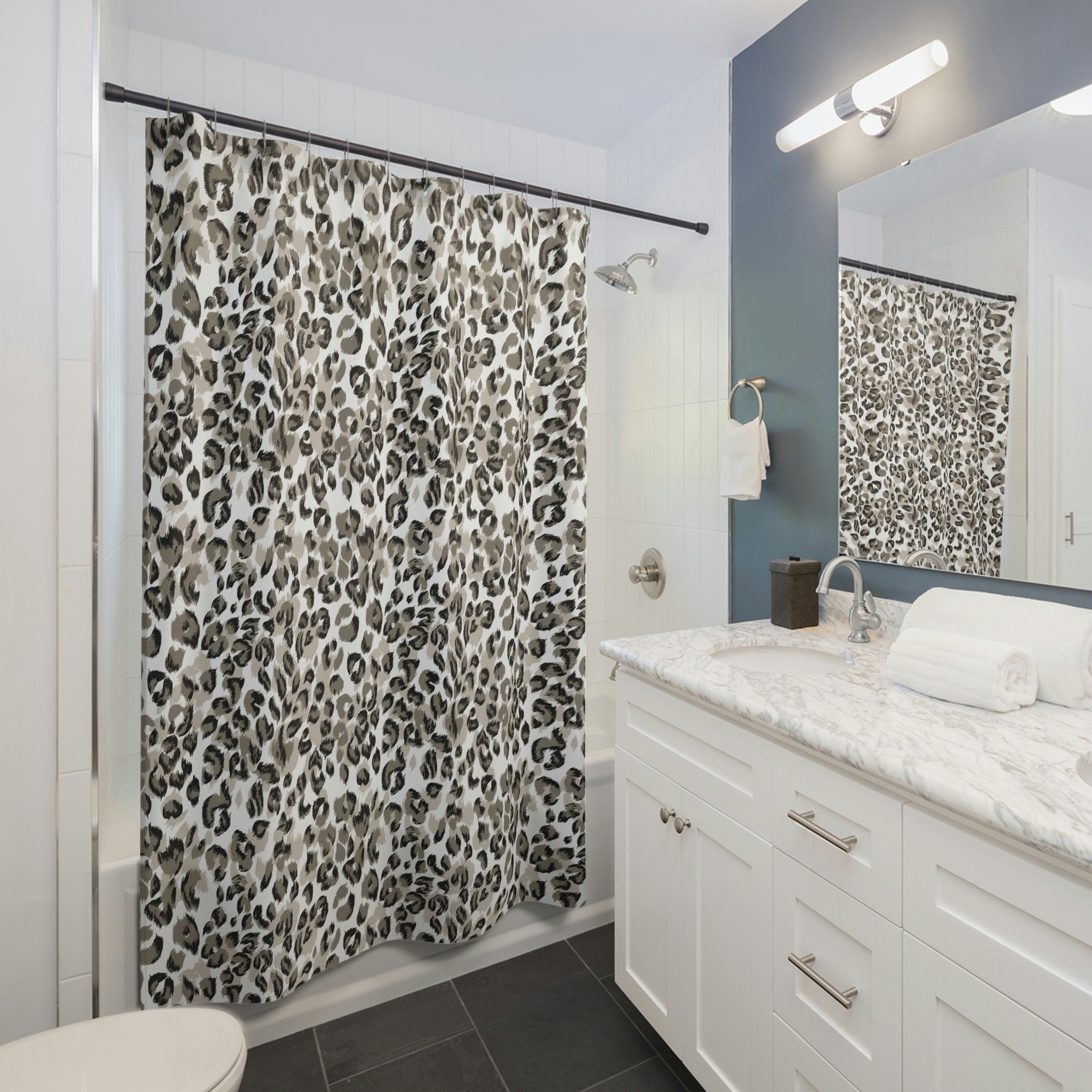 Matching Bath Set with Anti-Slip Animal Print Shower Curtain and Bathroom Curtain