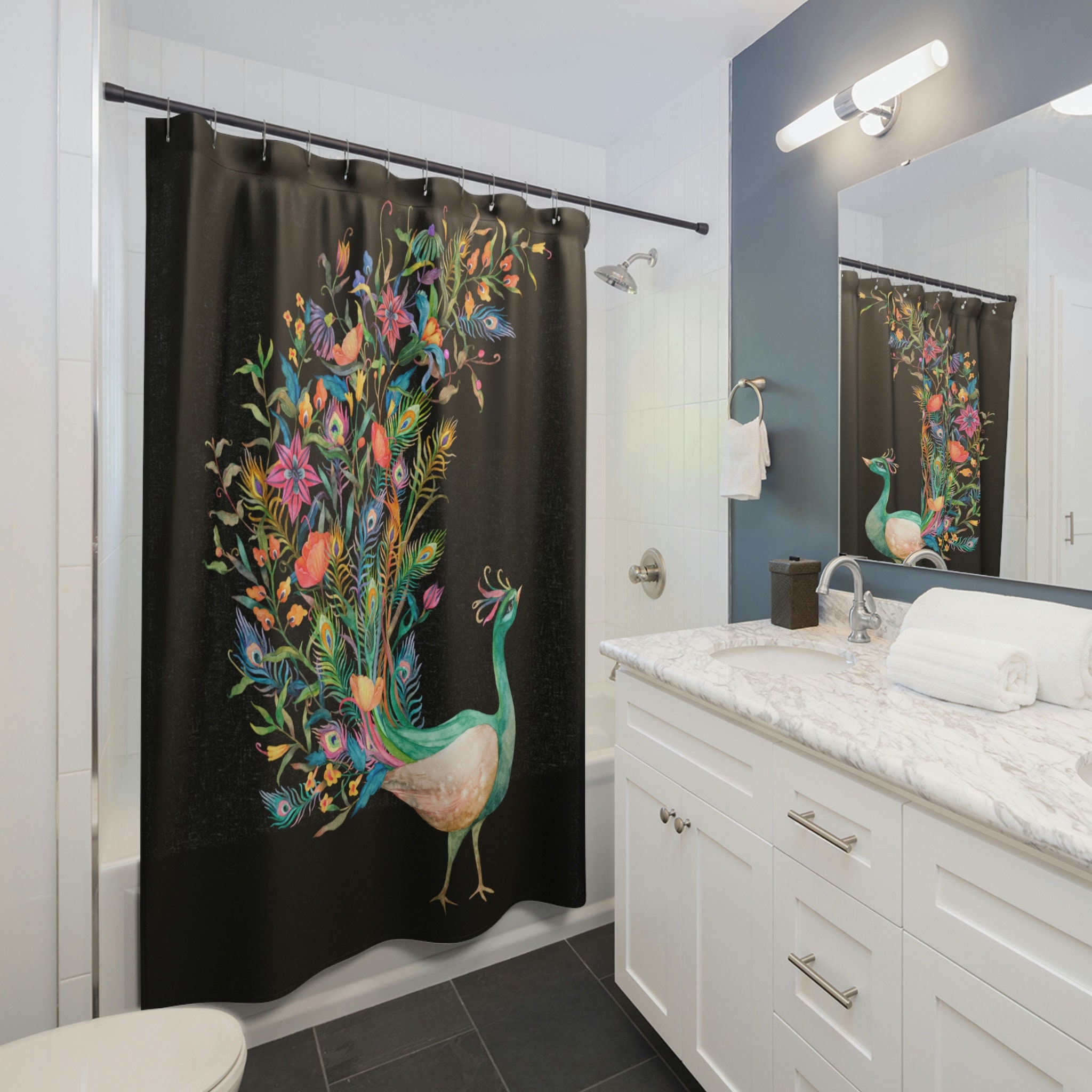 Matching Peacock and Flowers Shower Curtain Set Available