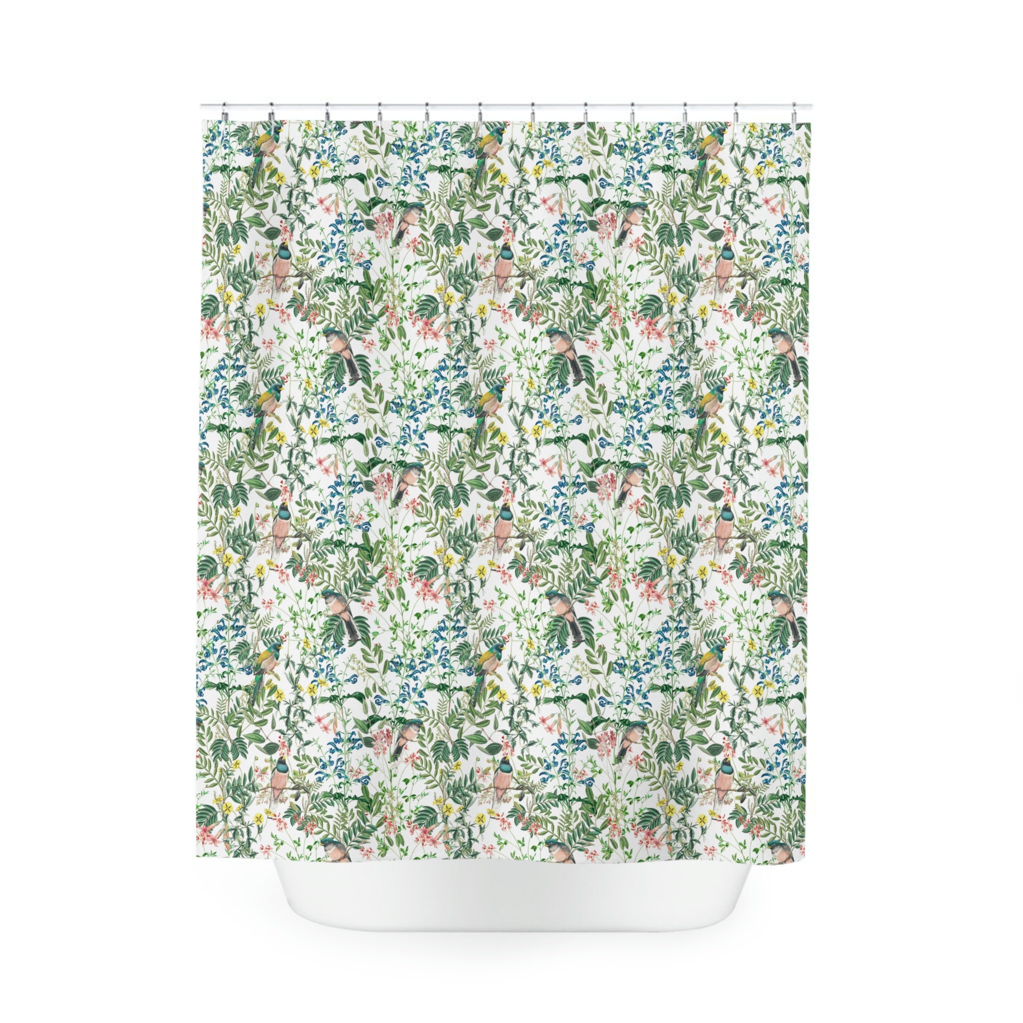 Maximalist Nature-Inspired Bird and Leaves Print Shower Curtain for Your Bathroom