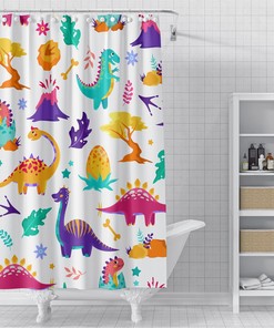 Maximalist Style Baby Dinosaurs Shower Curtain For Kids Bathroom