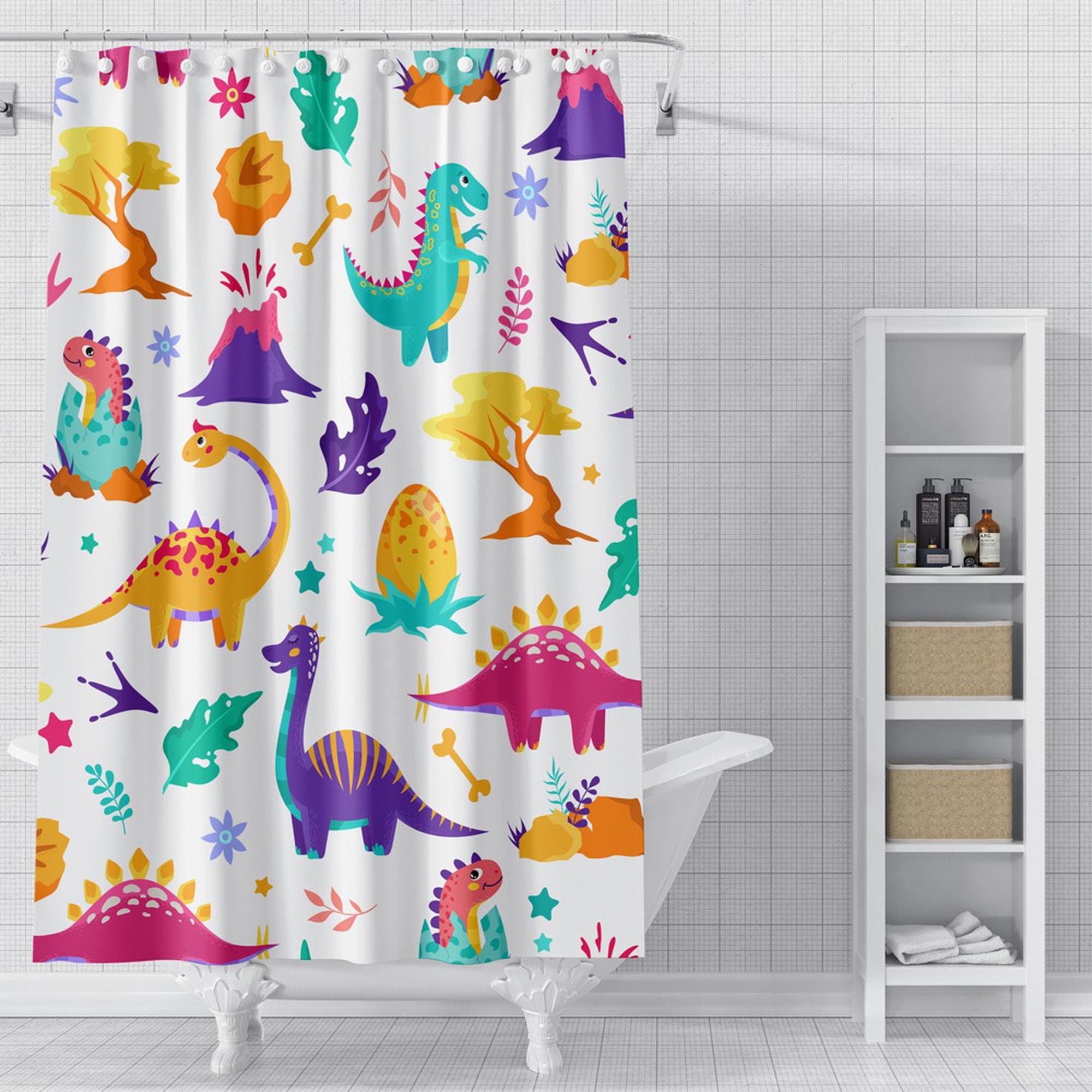 Maximalist Style Baby Dinosaurs Shower Curtain For Kids Bathroom