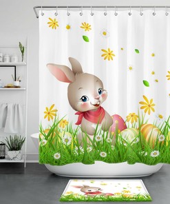 Meadow Daisy Flower Shower Curtain with Easter Bunny Eggs in Bathroom 