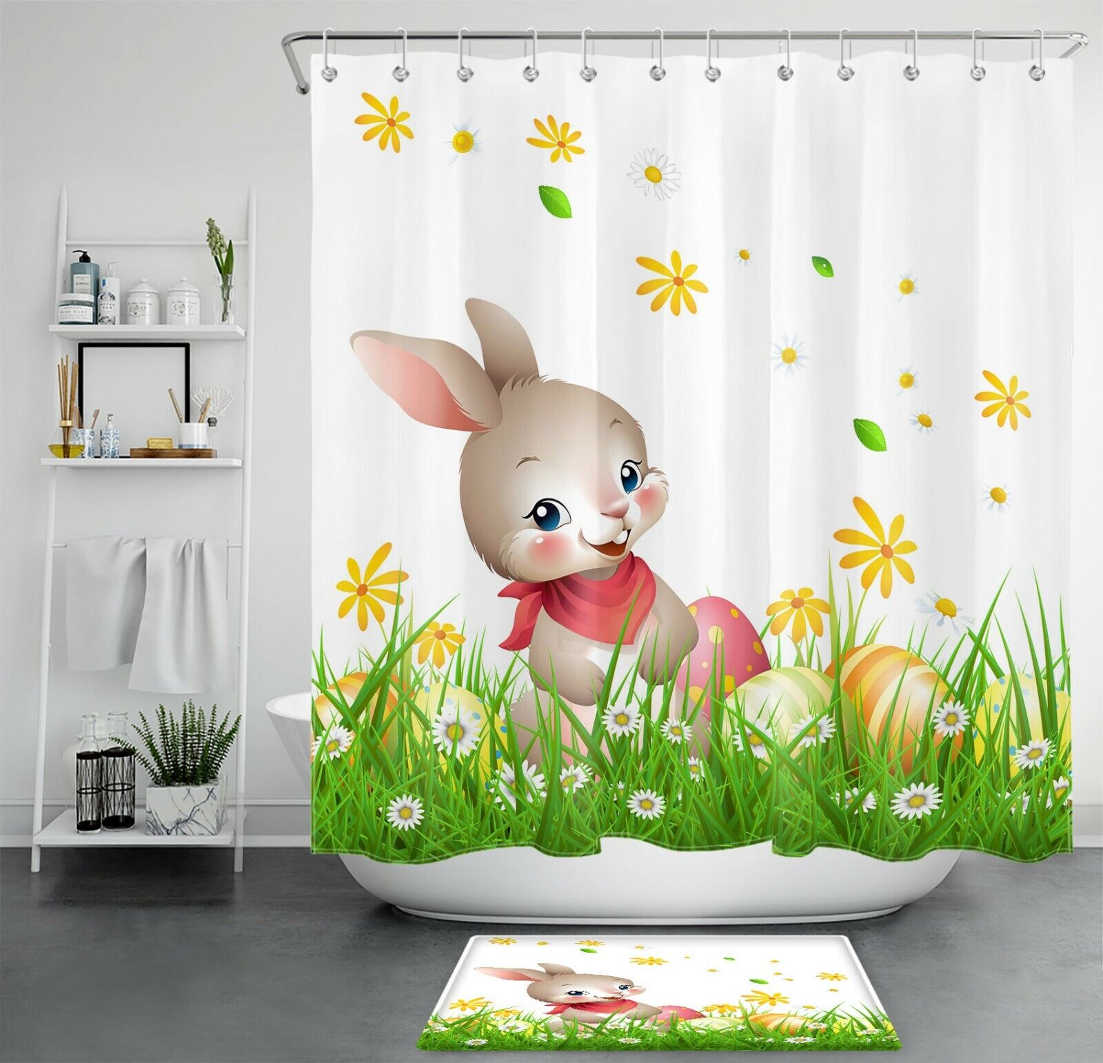 Meadow Daisy Flower Shower Curtain with Easter Bunny Eggs in Bathroom