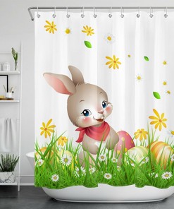 Meadow Daisy Flower Shower Curtain with Easter Bunny Eggs in Bathroom