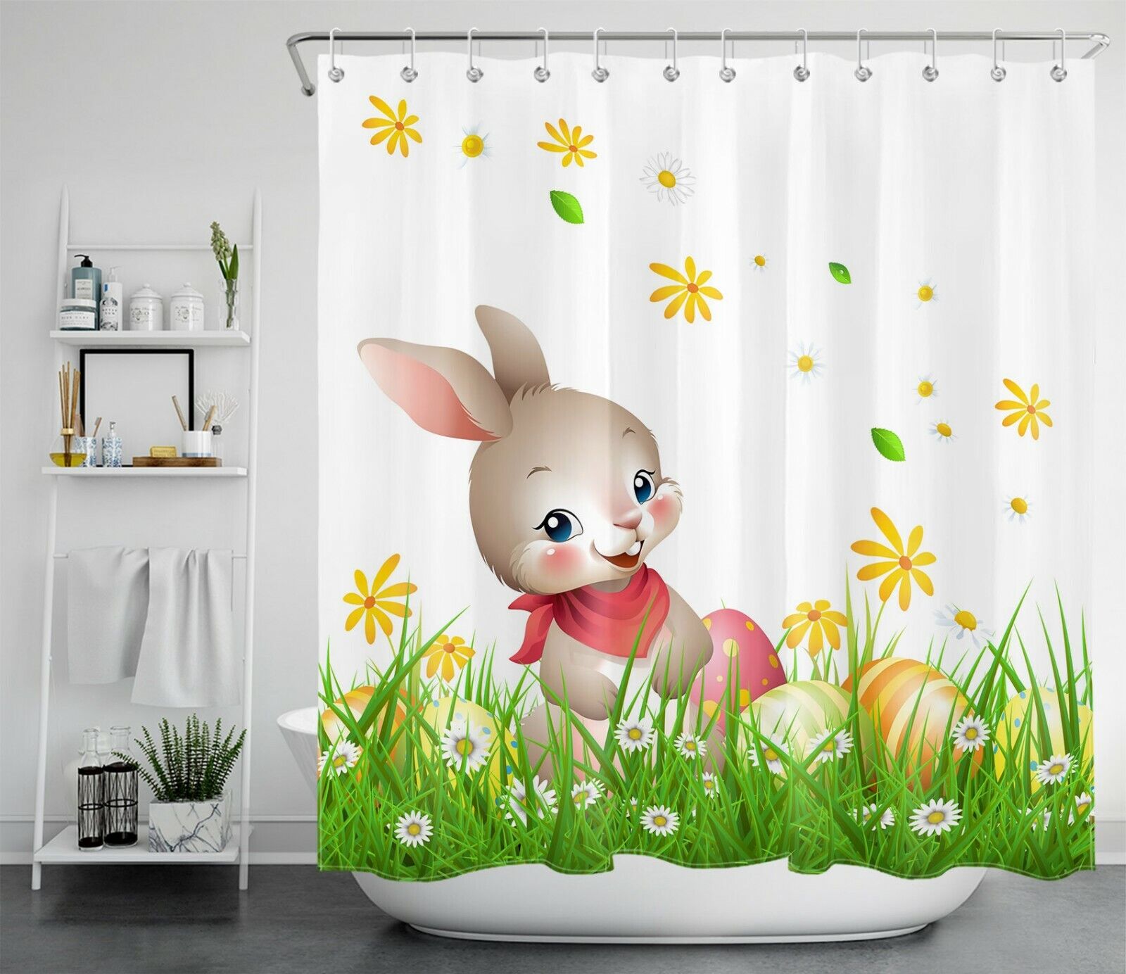 Meadow Daisy Flower Shower Curtain with Easter Bunny Eggs in Bathroom