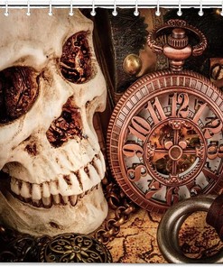 Mechanical Clock and Skull Gothic Shower Curtain for Bathroom Decor