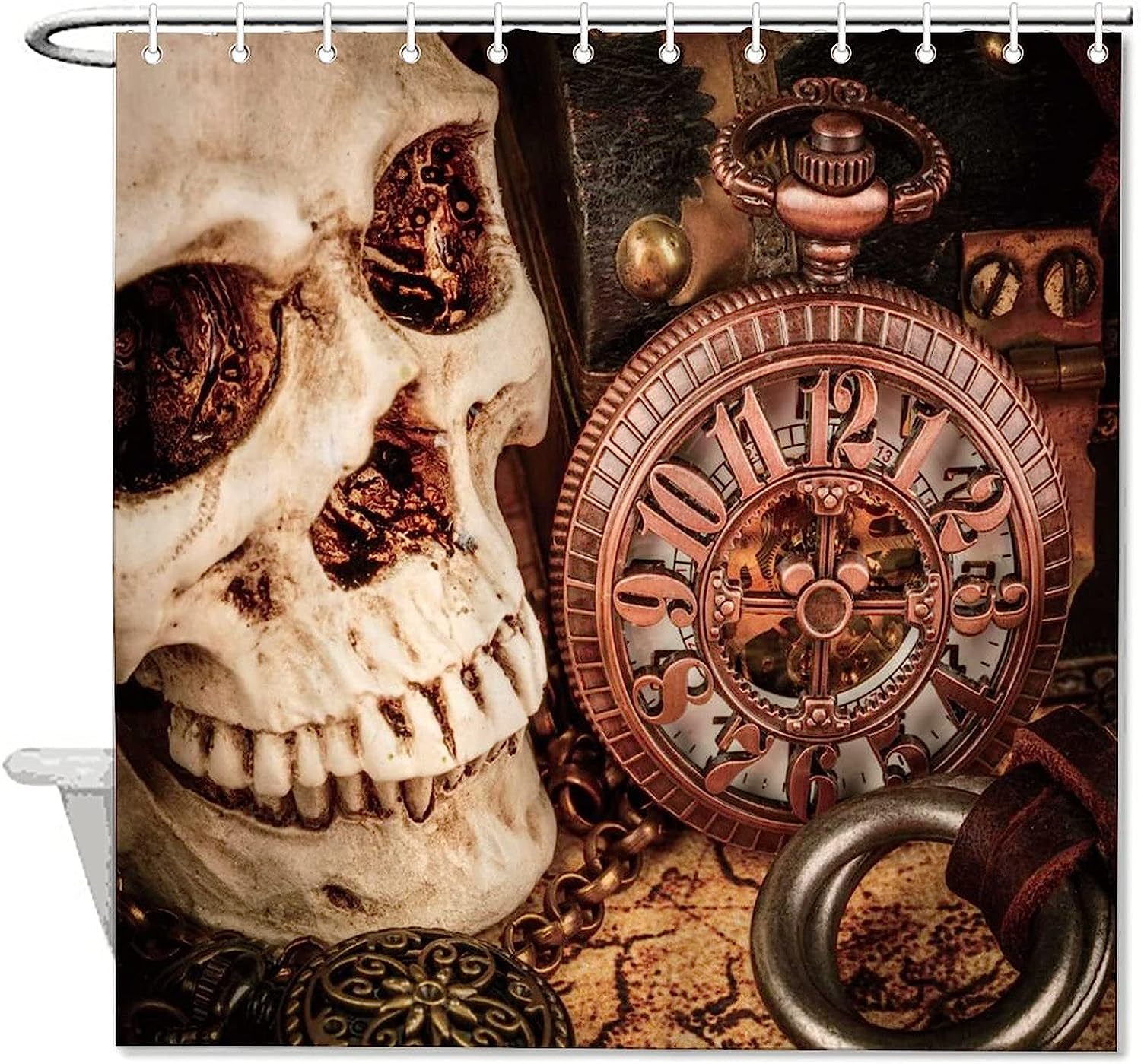 Mechanical Clock and Skull Gothic Shower Curtain for Bathroom Decor