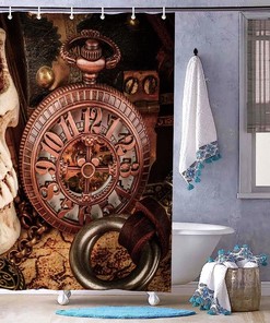 Mechanical Clock and Skull Gothic Shower Curtain for Bathroom Decor
