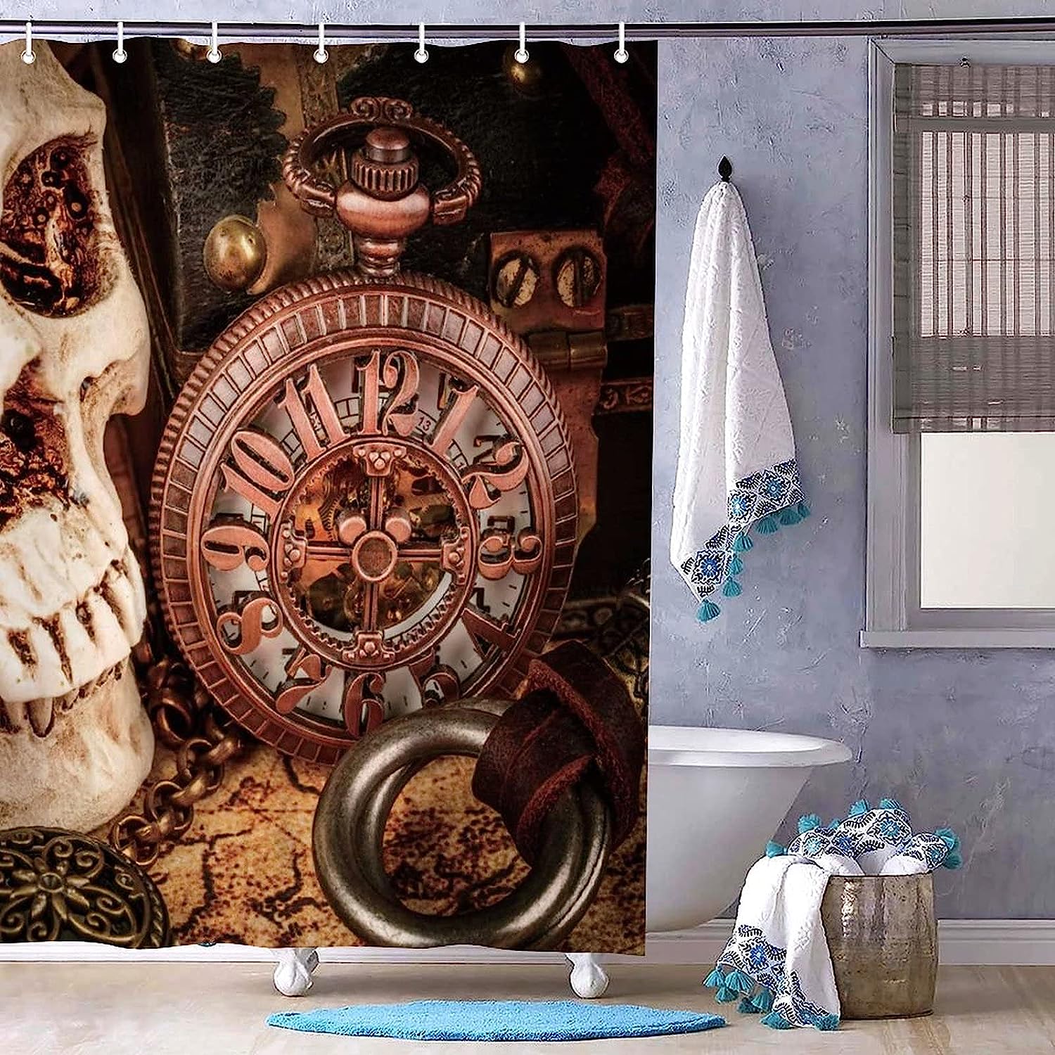 Mechanical Clock and Skull Gothic Shower Curtain for Bathroom Decor