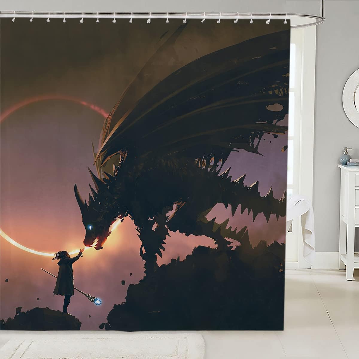Medieval Dragon Fantasy Mythical Print Fabric Shower Curtain for Bathroom
