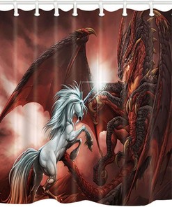 Medieval Magic Theme Red Dragon and White Unicorn Fantasy Shower Curtain for Bathroom Decor