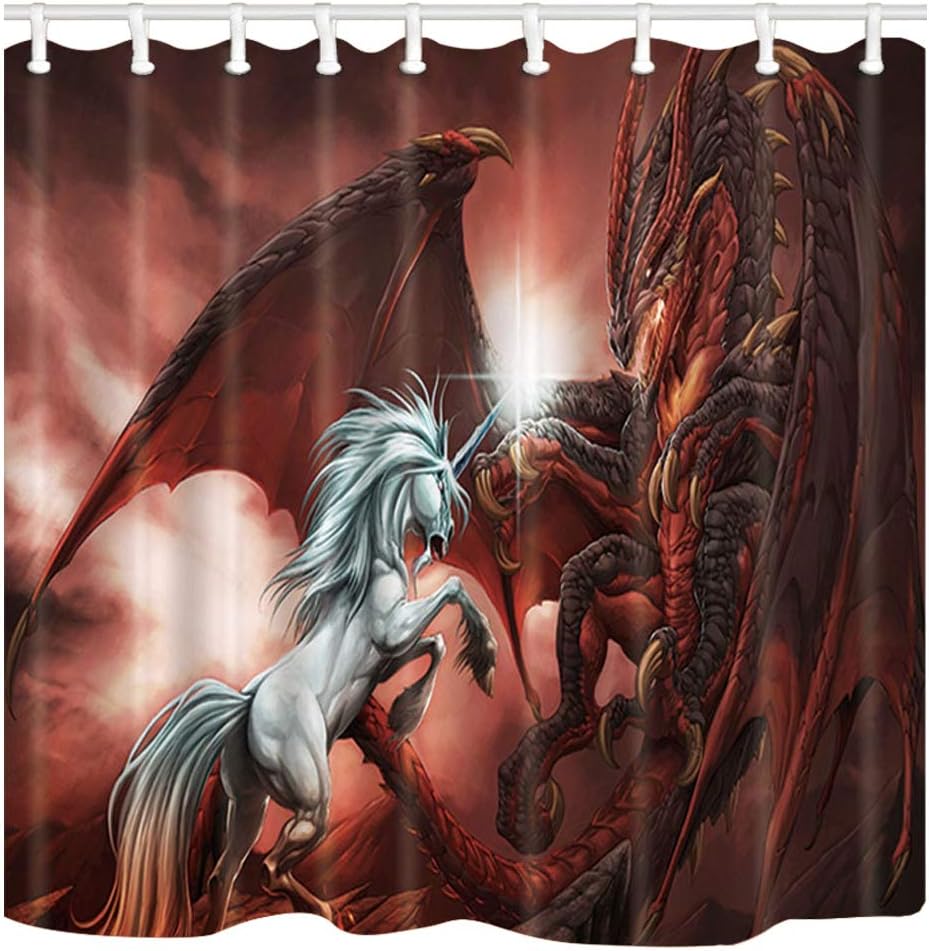 Medieval Magic Theme Red Dragon and White Unicorn Fantasy Shower Curtain for Bathroom Decor
