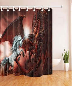 Medieval Magic Theme Red Dragon and White Unicorn Fantasy Shower Curtain for Bathroom Decor