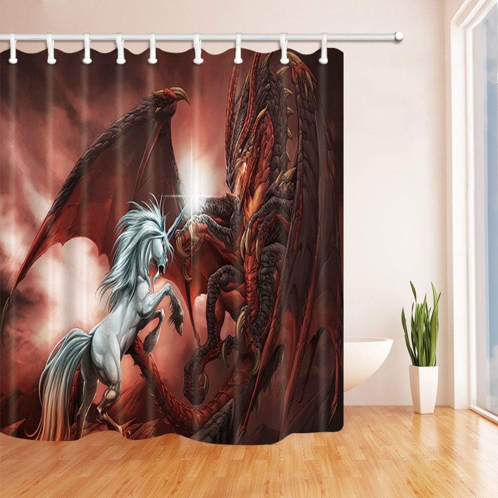 Medieval Magic Theme Red Dragon and White Unicorn Fantasy Shower Curtain for Bathroom Decor