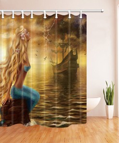Medieval Mermaid Ocean Ship Shower Curtain- Waterproof Fabric Bath Decor 