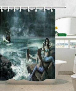 Medieval Pirate Ship Mermaids Siren Fabric Waterproof Bath Decor Shower Curtain