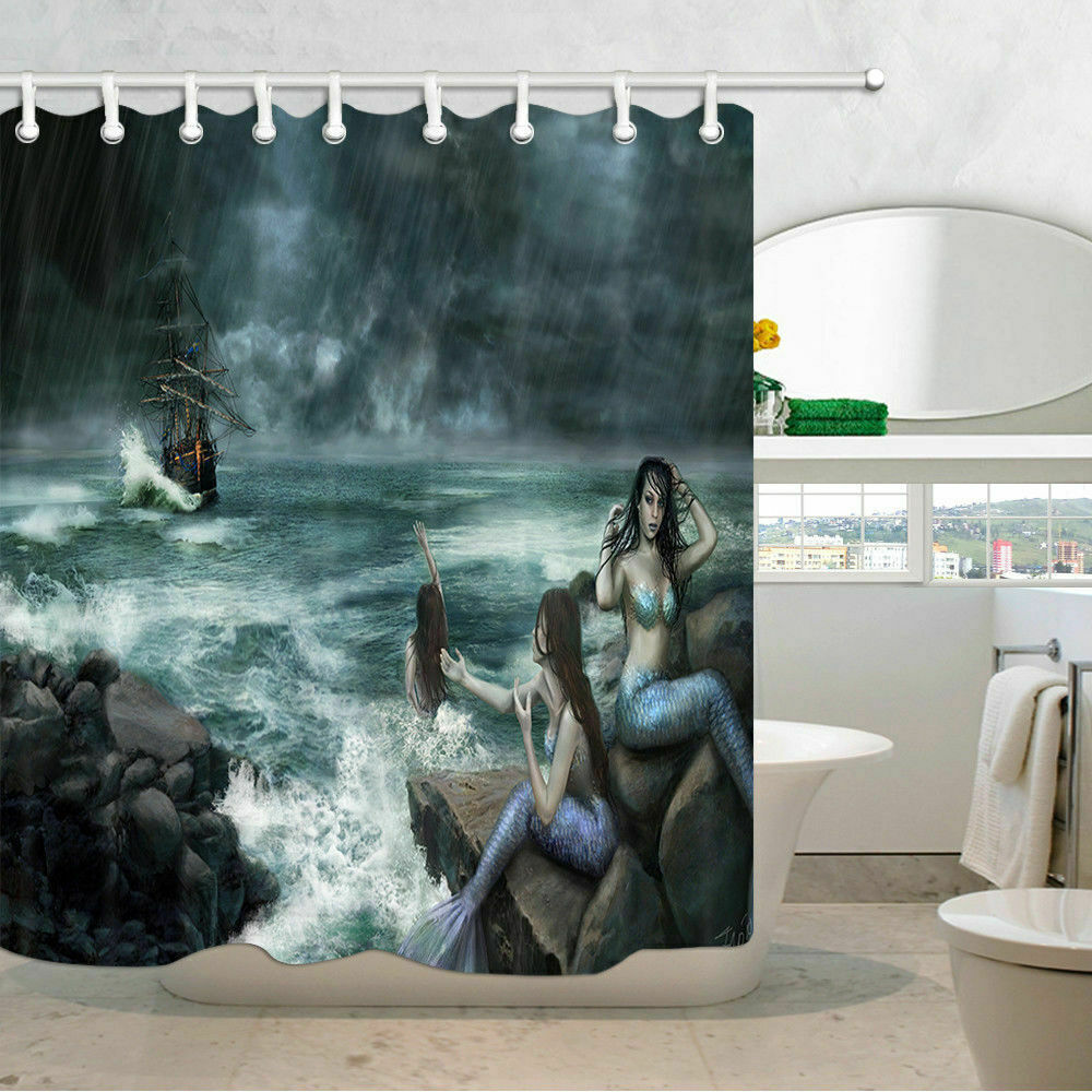 Medieval Pirate Ship Mermaids Siren Fabric Waterproof Bath Decor Shower Curtain
